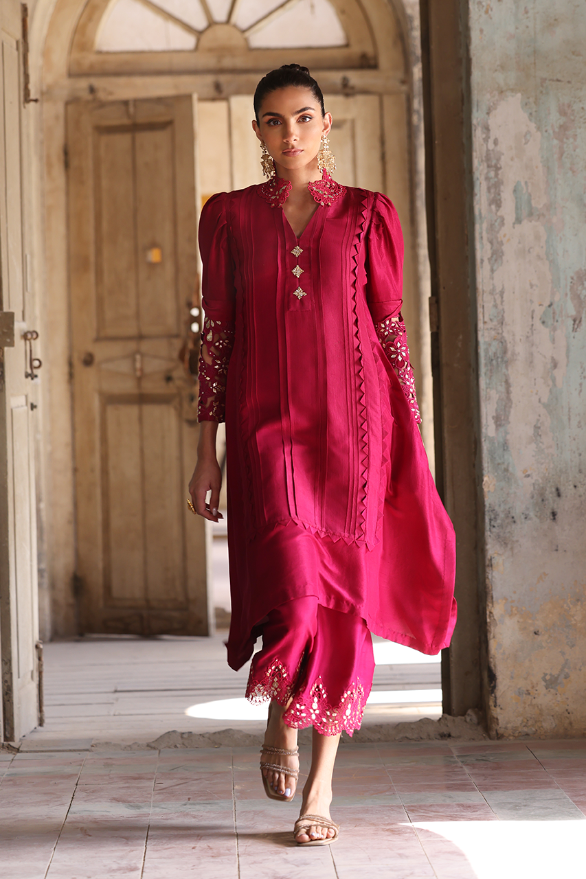 Pakistani Magenta Cutwork Gota Raw Silk Salwar Kameez (2-Piece) - Image 1