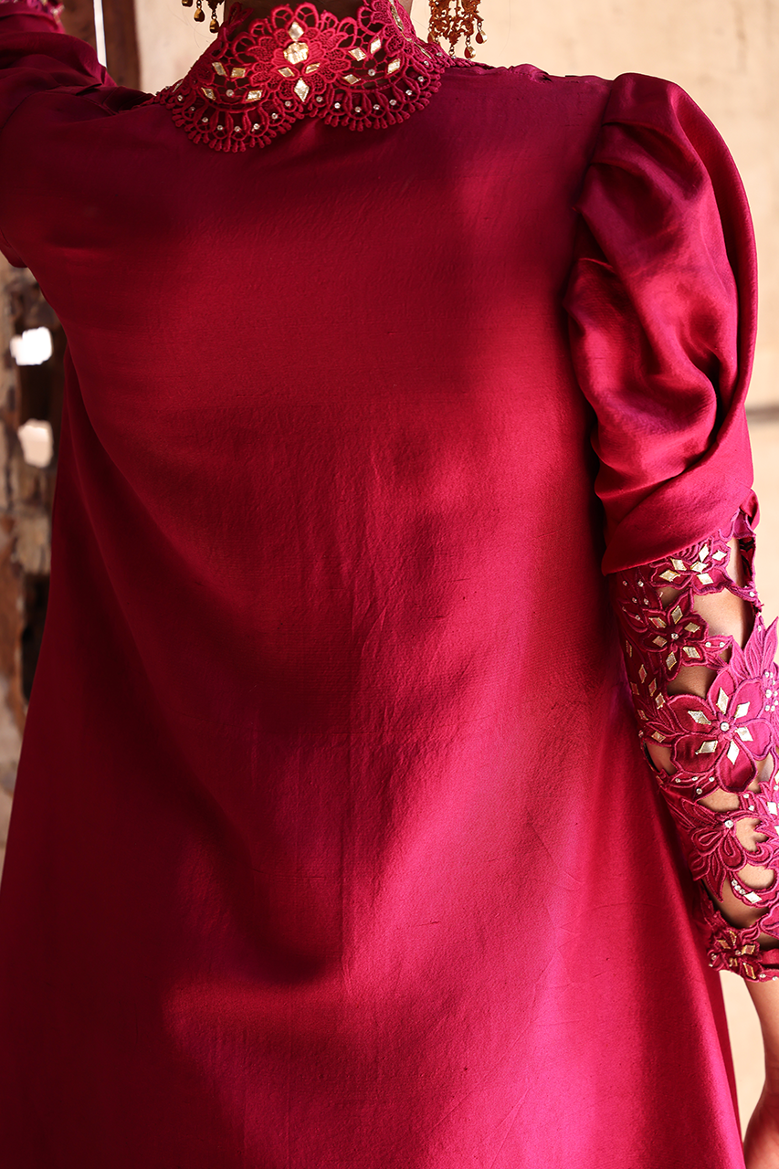 Pakistani Magenta Cutwork Gota Raw Silk Salwar Kameez (2-Piece) - Image 2