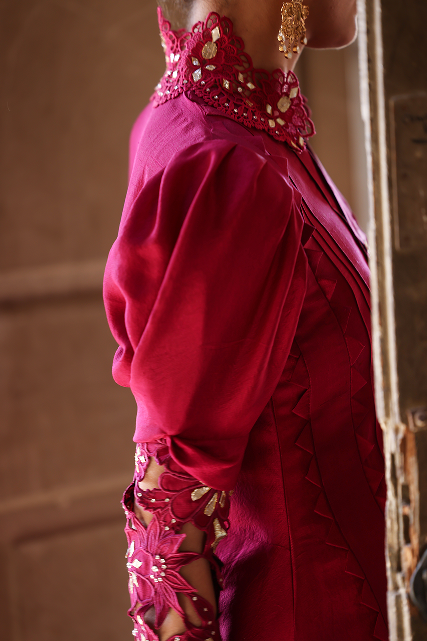 Pakistani Magenta Cutwork Gota Raw Silk Salwar Kameez (2-Piece) - Image 3