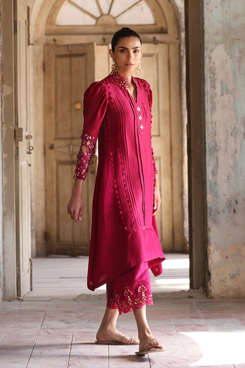 Pakistani Magenta Cutwork Gota Raw Silk Salwar Kameez (2-Piece) - Image 6