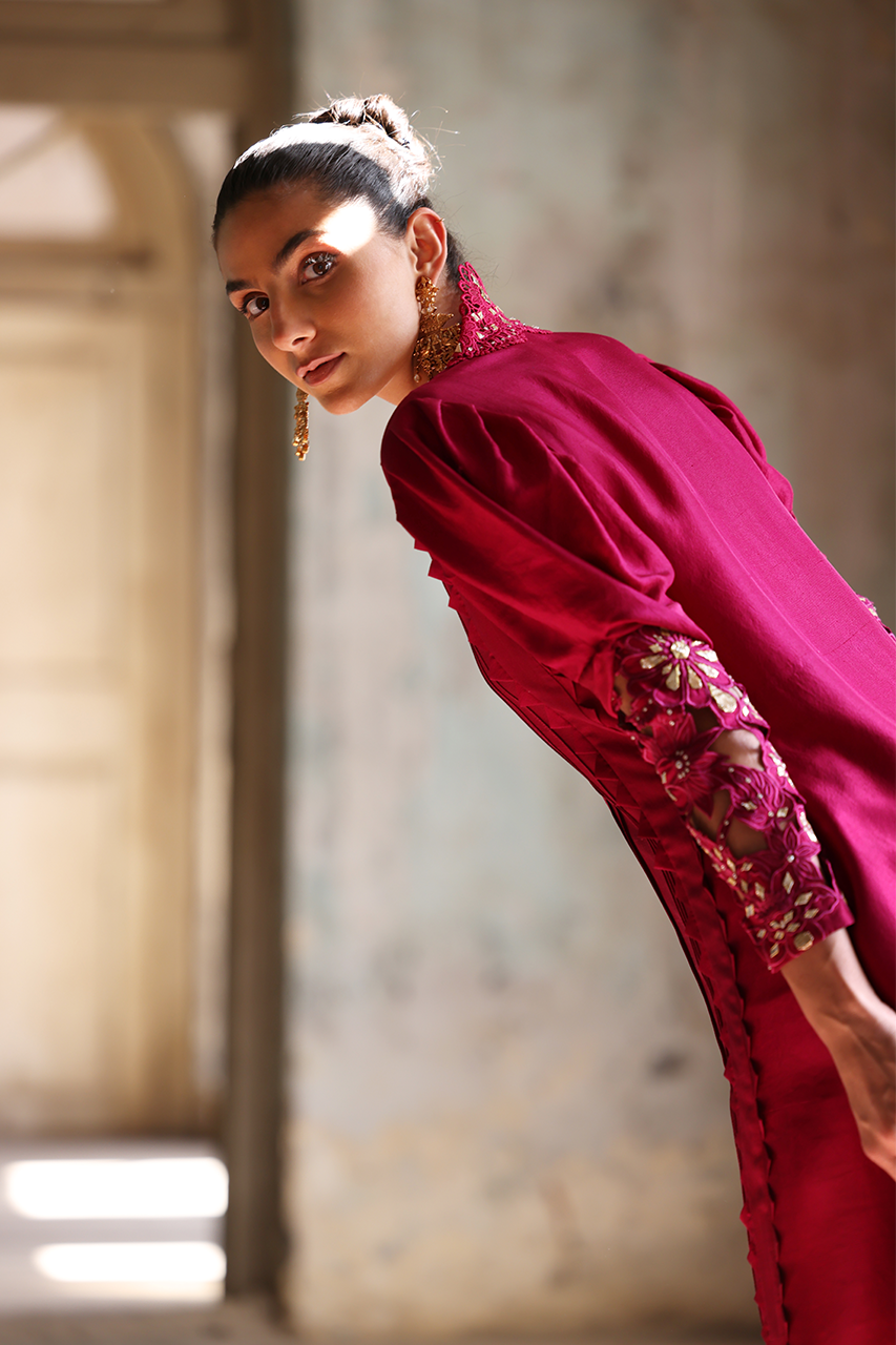 Pakistani Magenta Cutwork Gota Raw Silk Salwar Kameez (2-Piece) - Image 8