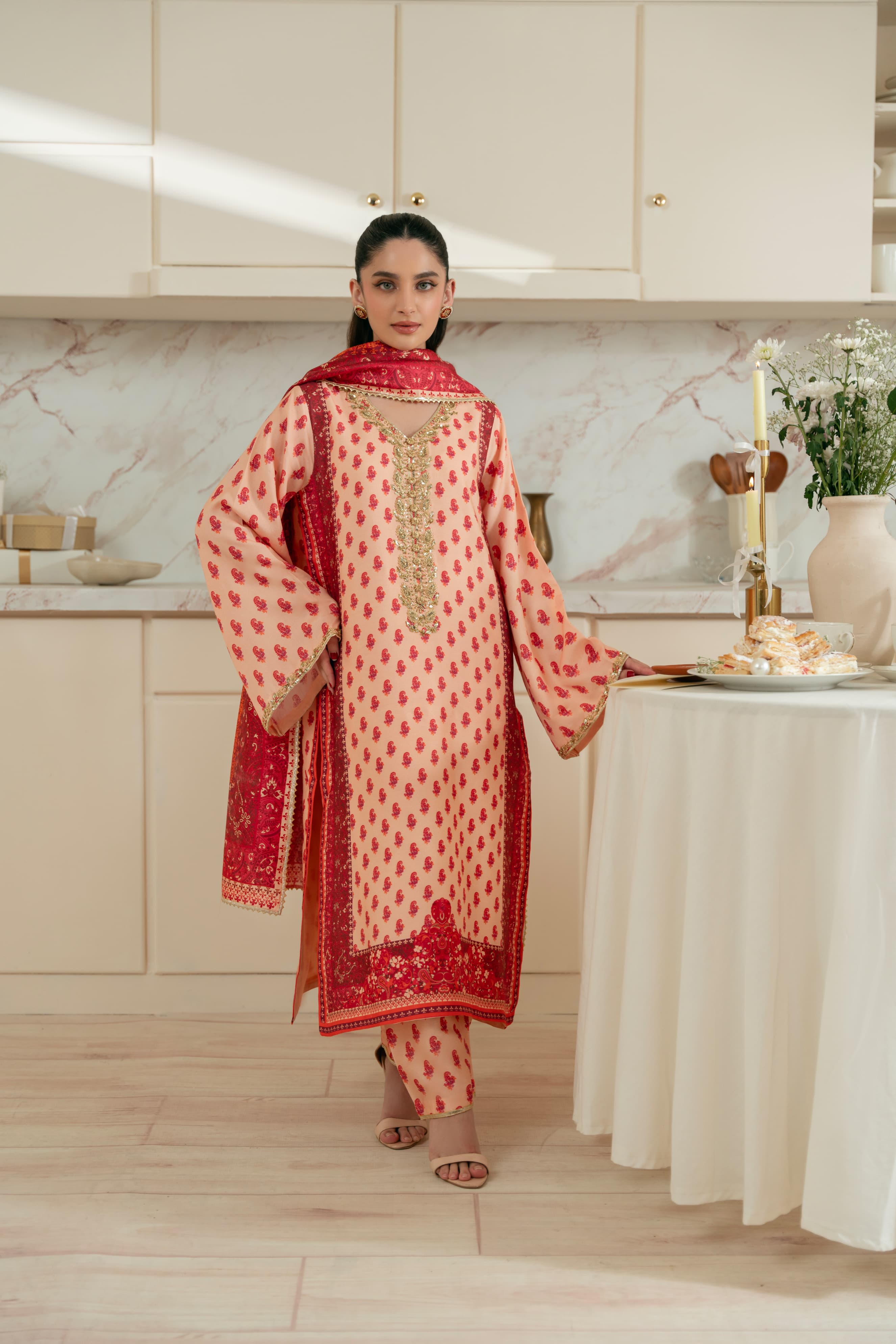 Pakistani Peach Red Printed Pure Raw Silk Salwar Kameez (3-Piece) - Image 1