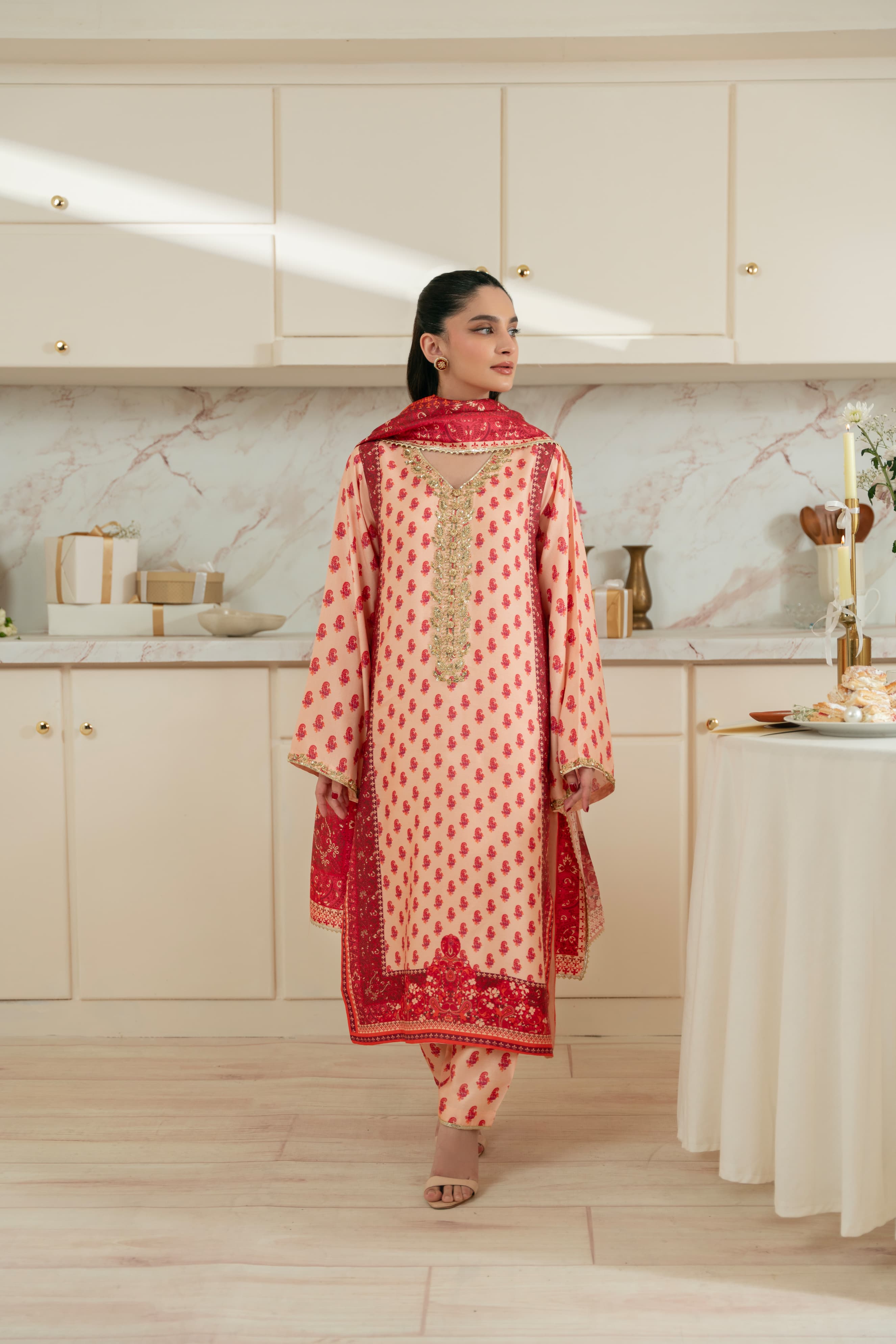 Pakistani Peach Red Printed Pure Raw Silk Salwar Kameez (3-Piece) - Image 2