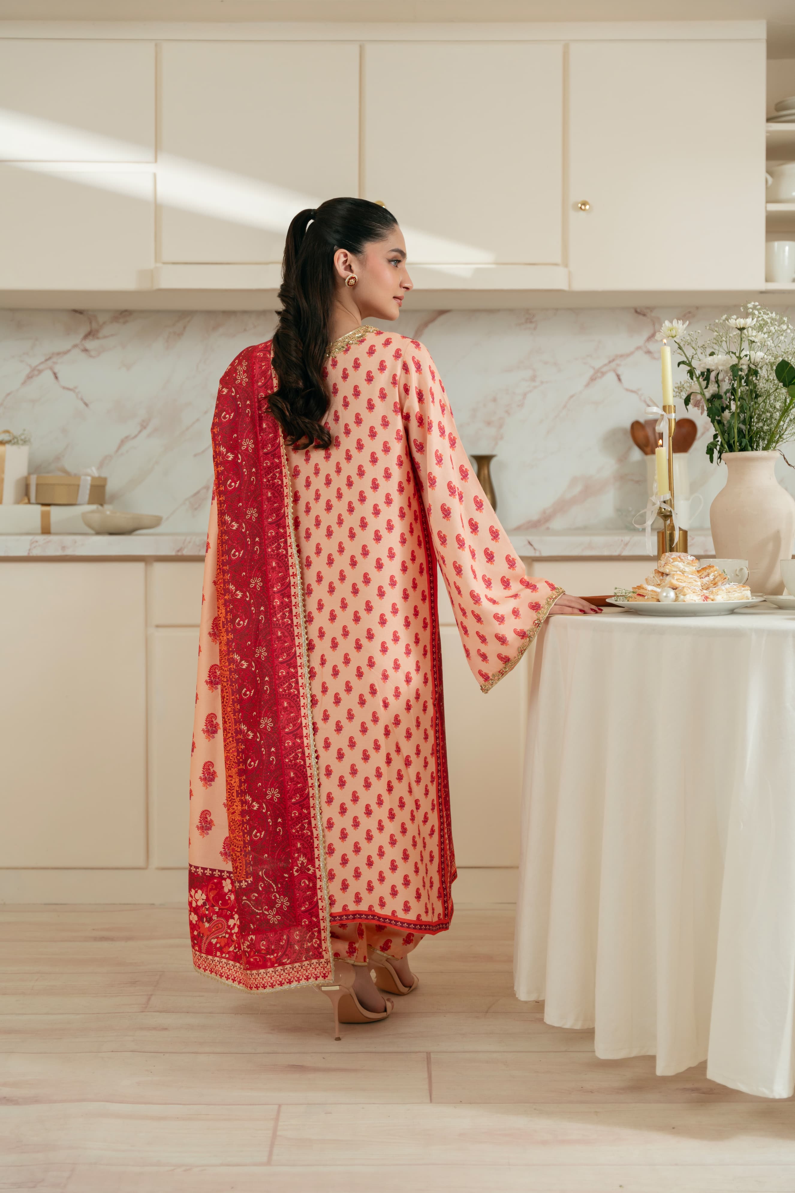 Pakistani Peach Red Printed Pure Raw Silk Salwar Kameez (3-Piece) - Image 3