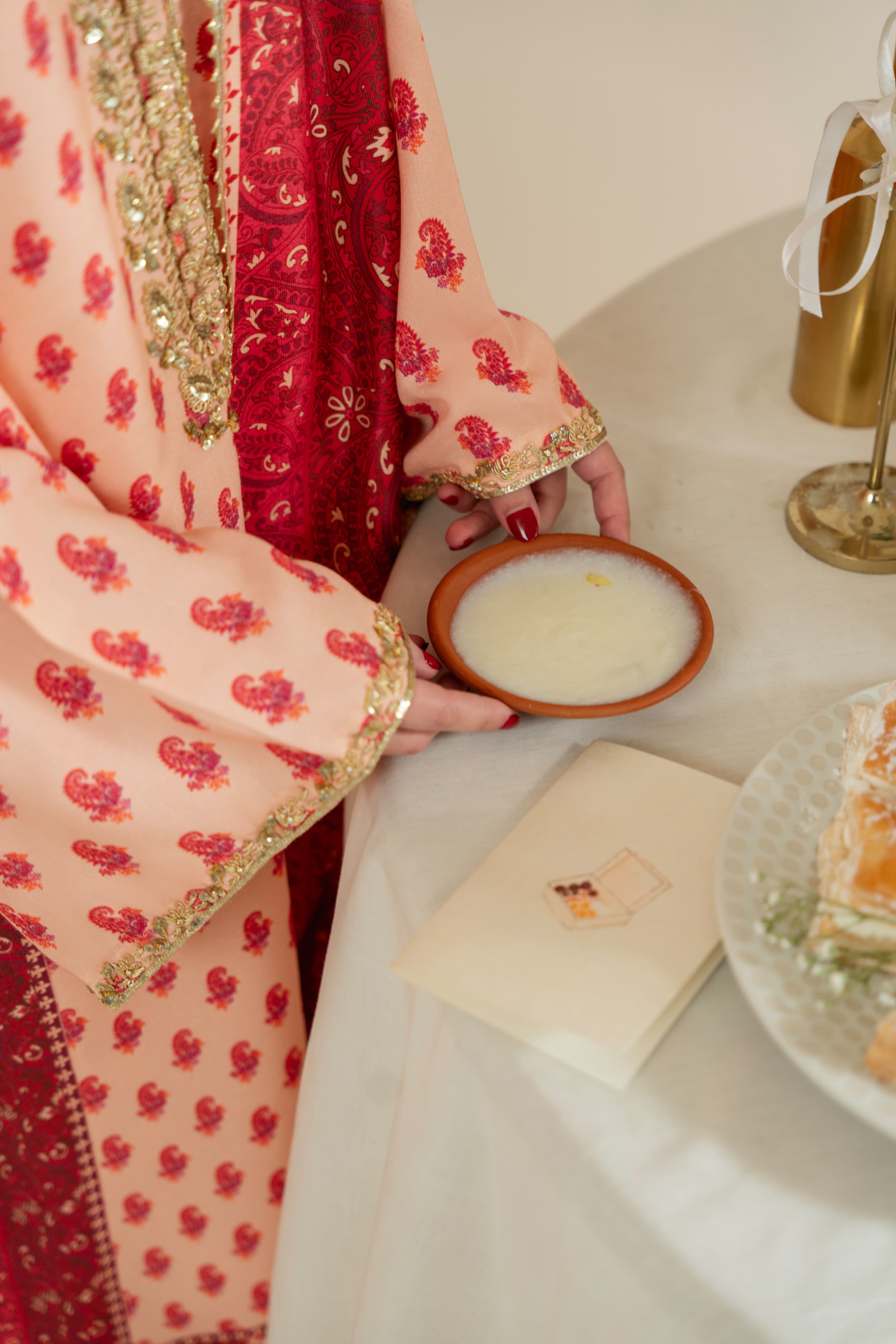 Pakistani Peach Red Printed Pure Raw Silk Salwar Kameez (3-Piece) - Image 5