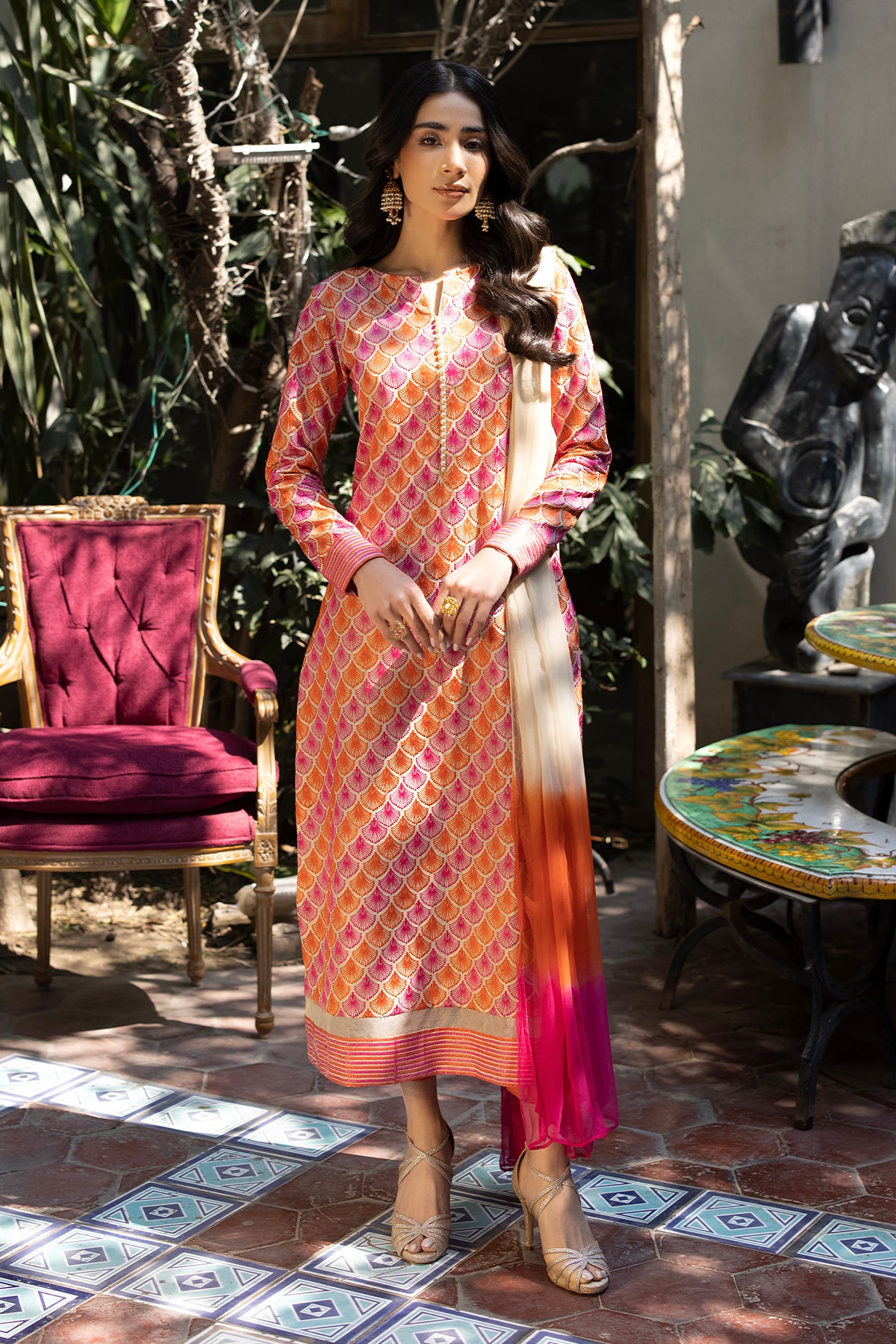 Pakistani Pink and Orange Embroidered Raw Silk Salwar Kameez (3-Piece) - Image 3