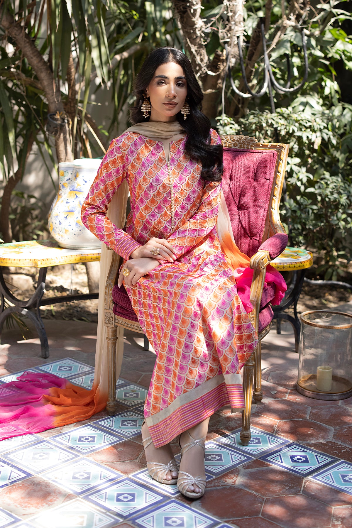 Pakistani Pink and Orange Embroidered Raw Silk Salwar Kameez (3-Piece) - Image 5