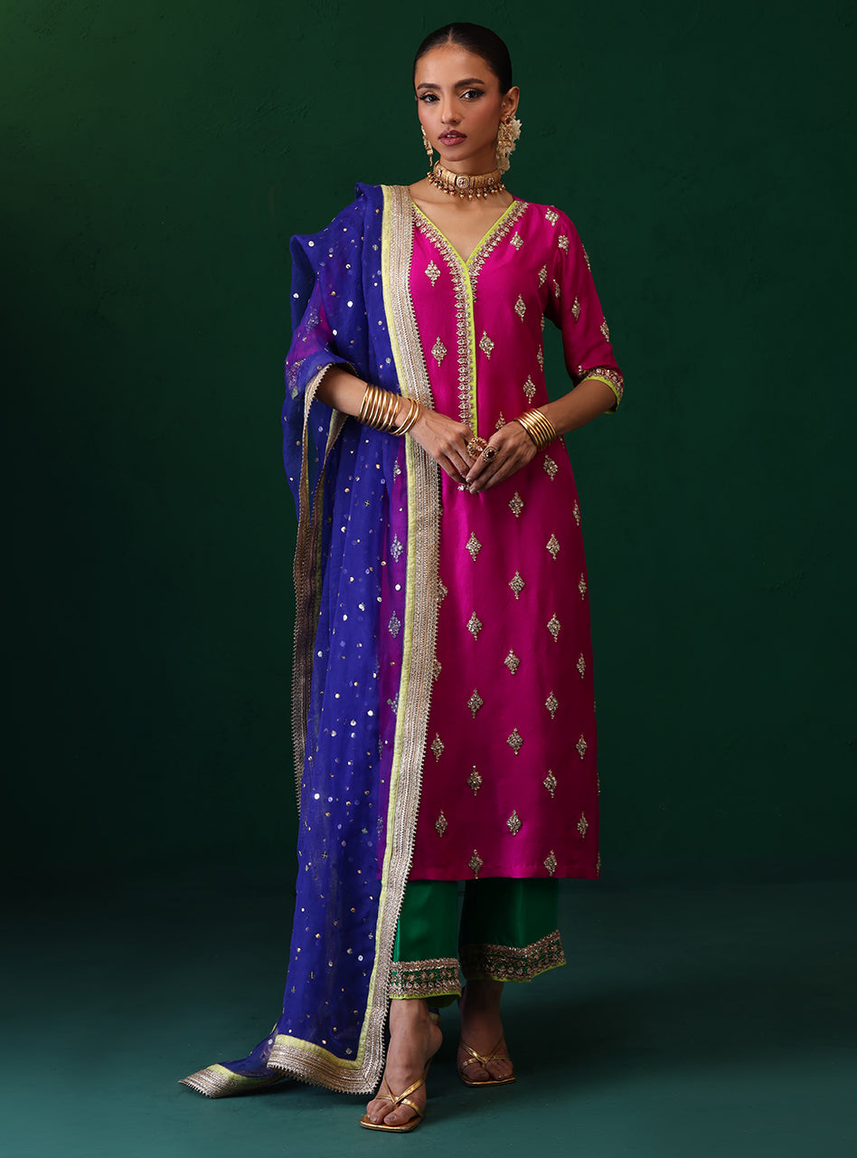 Pakistani Magenta Embroidered Raw Silk Kurta Set (3-Piece) - Image 1