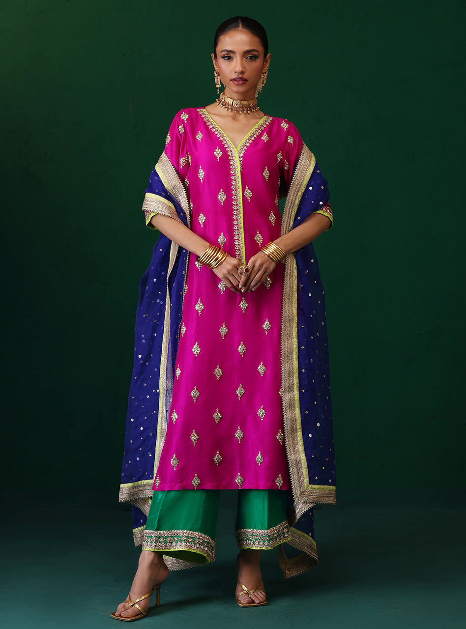 Pakistani Magenta Embroidered Raw Silk Kurta Set (3-Piece) - Image 2