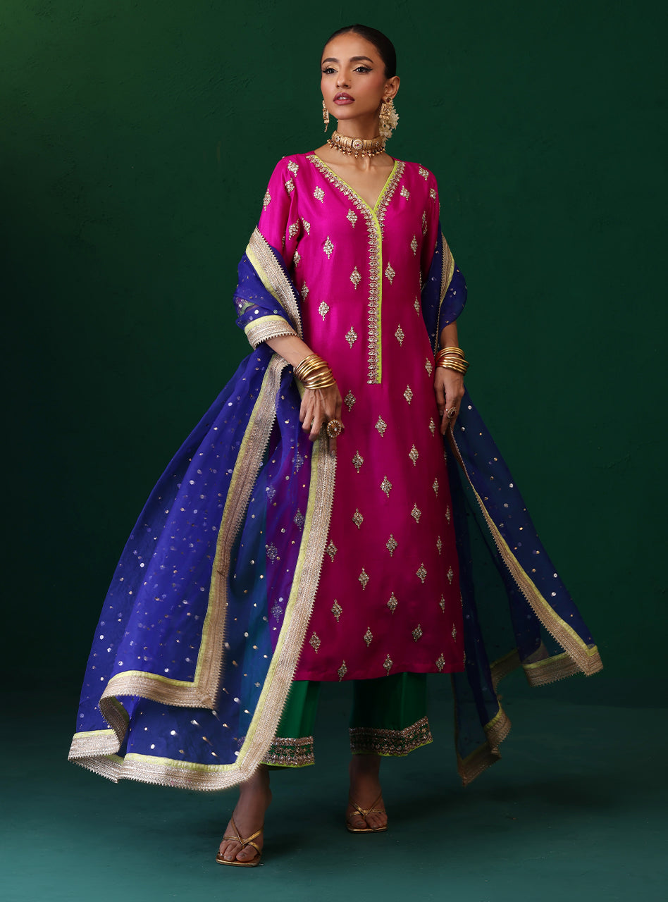 Pakistani Magenta Embroidered Raw Silk Kurta Set (3-Piece) - Image 3