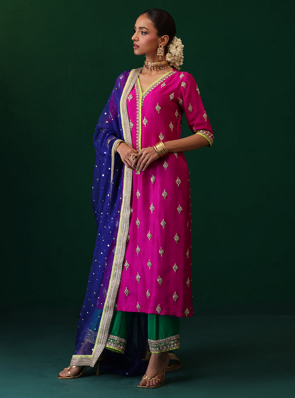Pakistani Magenta Embroidered Raw Silk Kurta Set (3-Piece) - Image 5