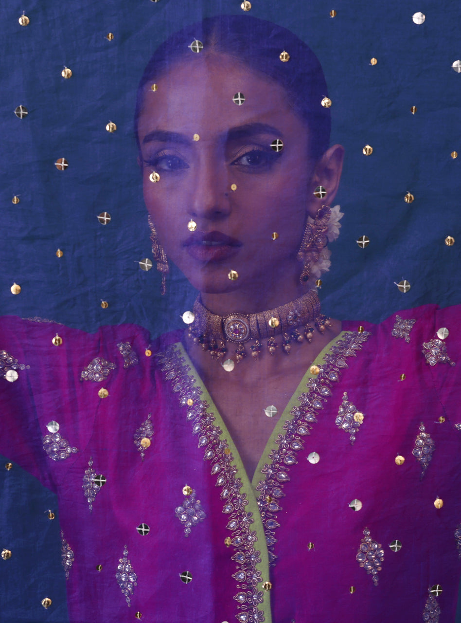 Pakistani Magenta Embroidered Raw Silk Kurta Set (3-Piece) - Image 6