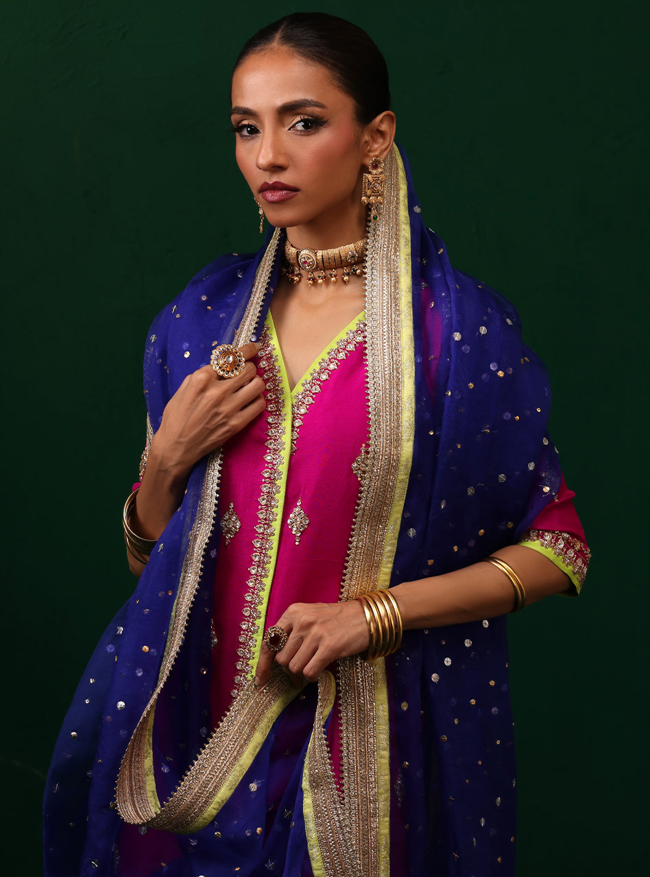 Pakistani Magenta Embroidered Raw Silk Kurta Set (3-Piece) - Image 7