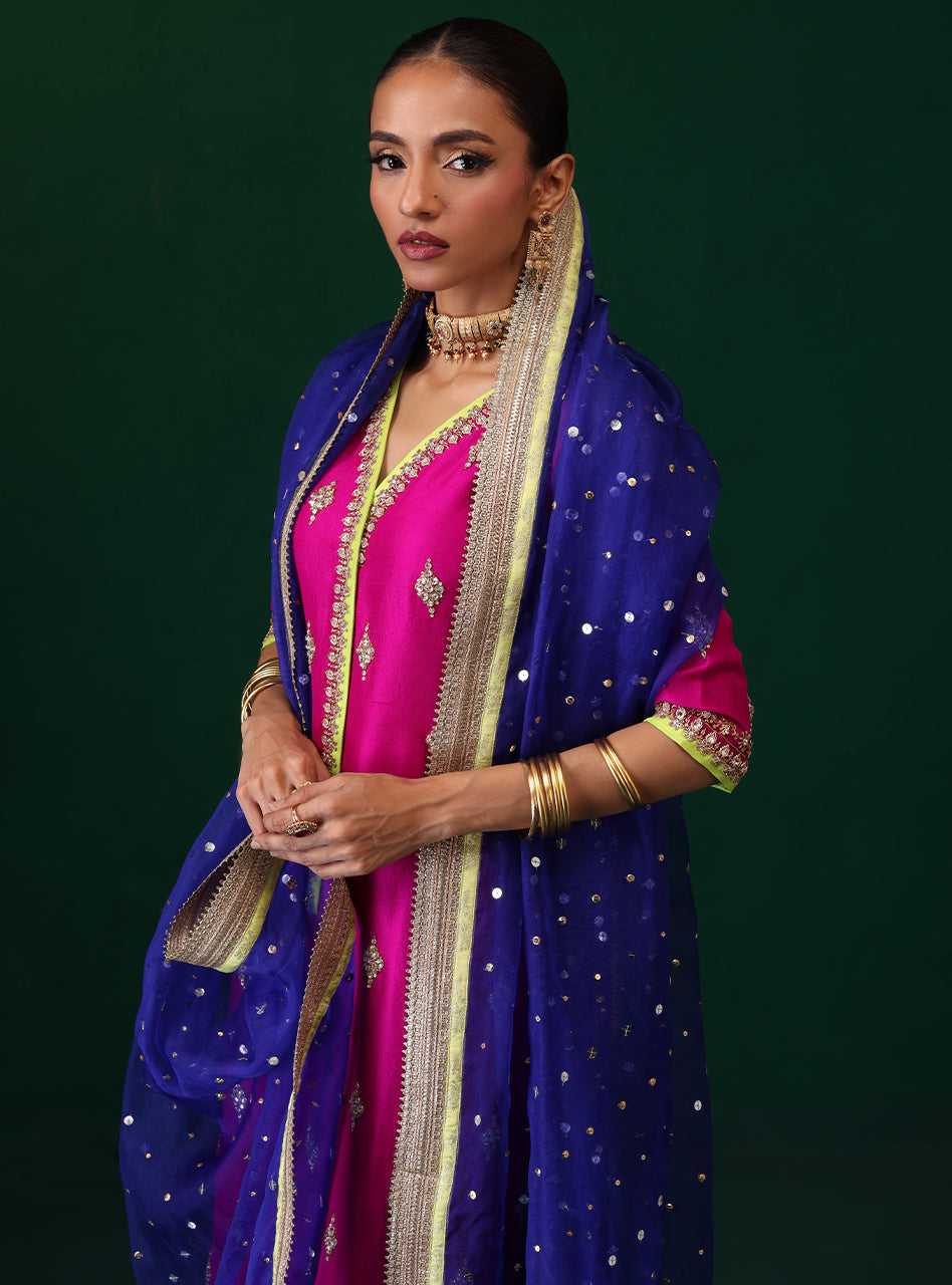 Pakistani Magenta Embroidered Raw Silk Kurta Set (3-Piece) - Image 9