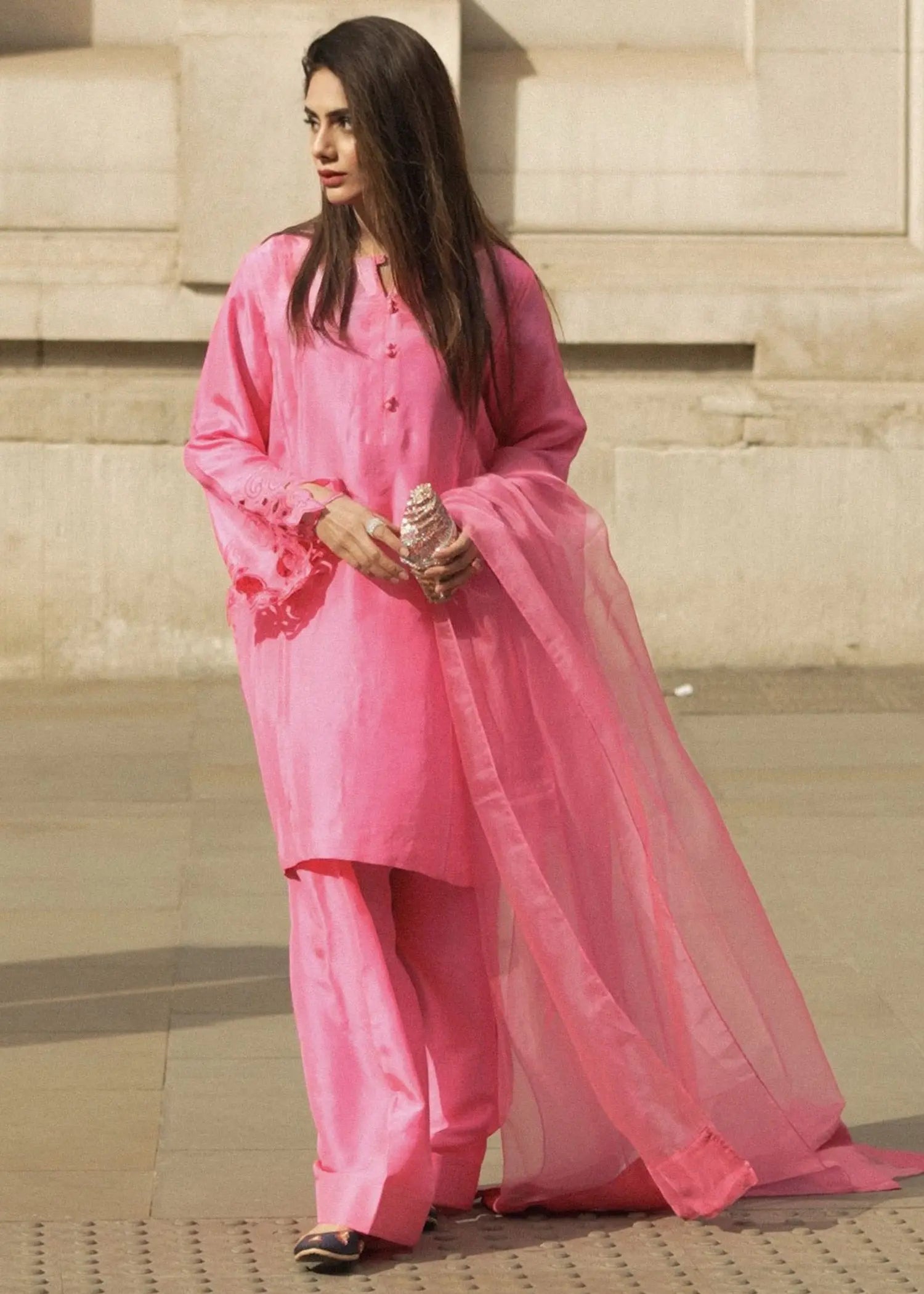 Pink Embroidered Raw Silk Kurta Shalwar (3-Piece) - Image 1