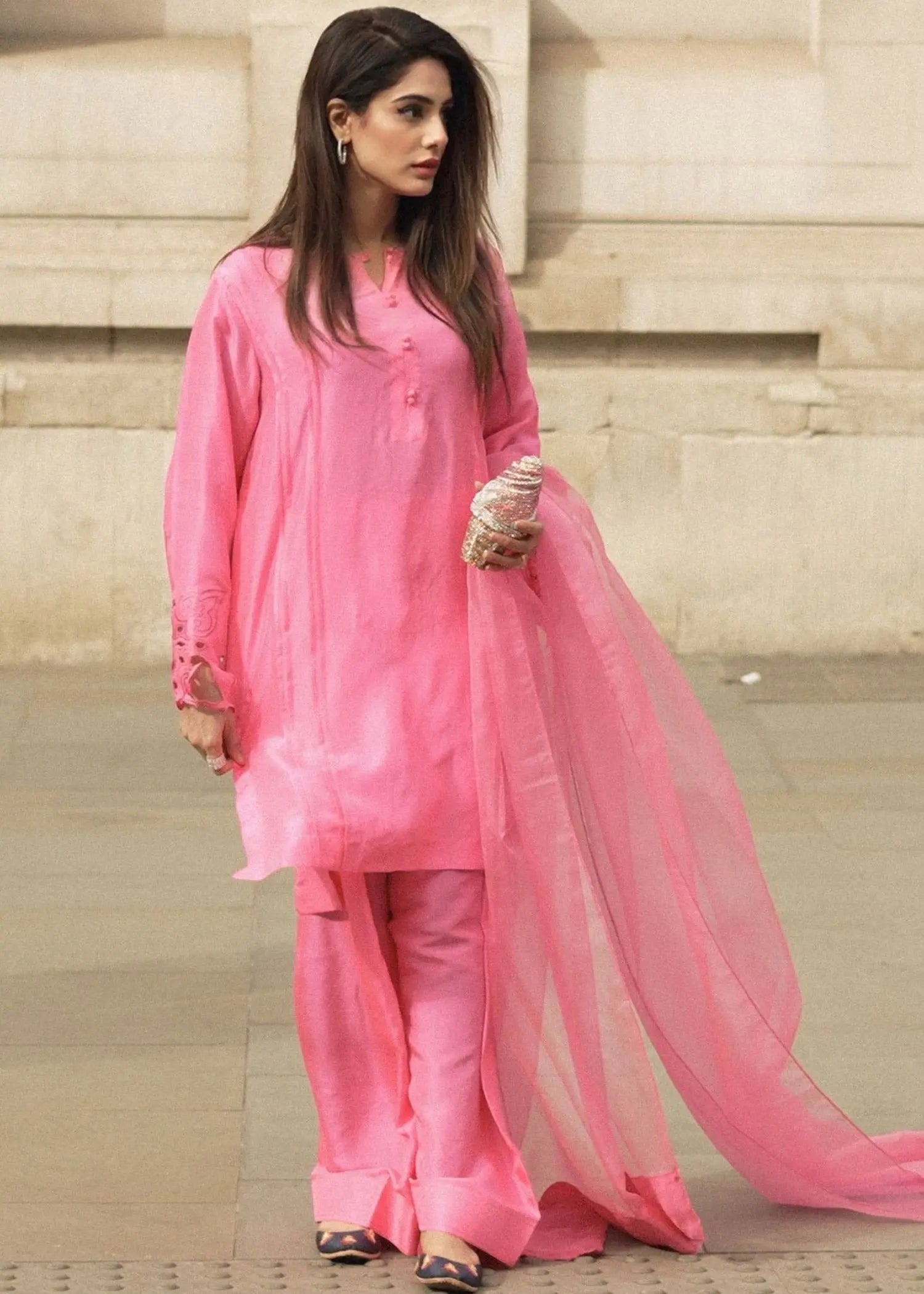 Pink Embroidered Raw Silk Kurta Shalwar (3-Piece) - Image 2