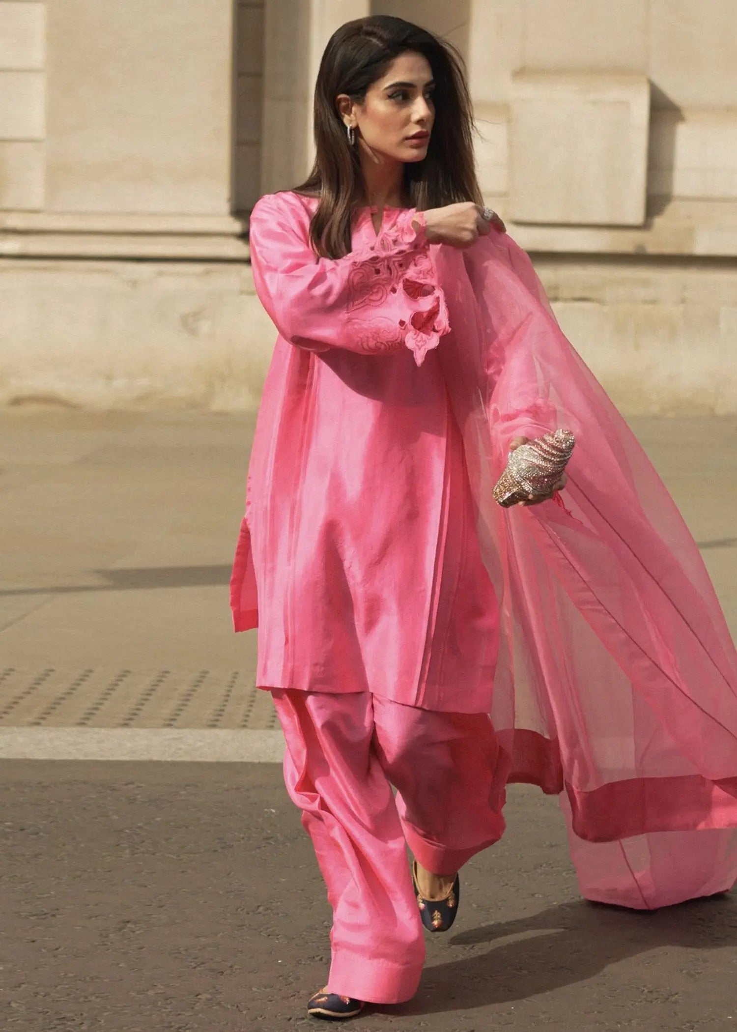 Pink Embroidered Raw Silk Kurta Shalwar (3-Piece) - Image 3