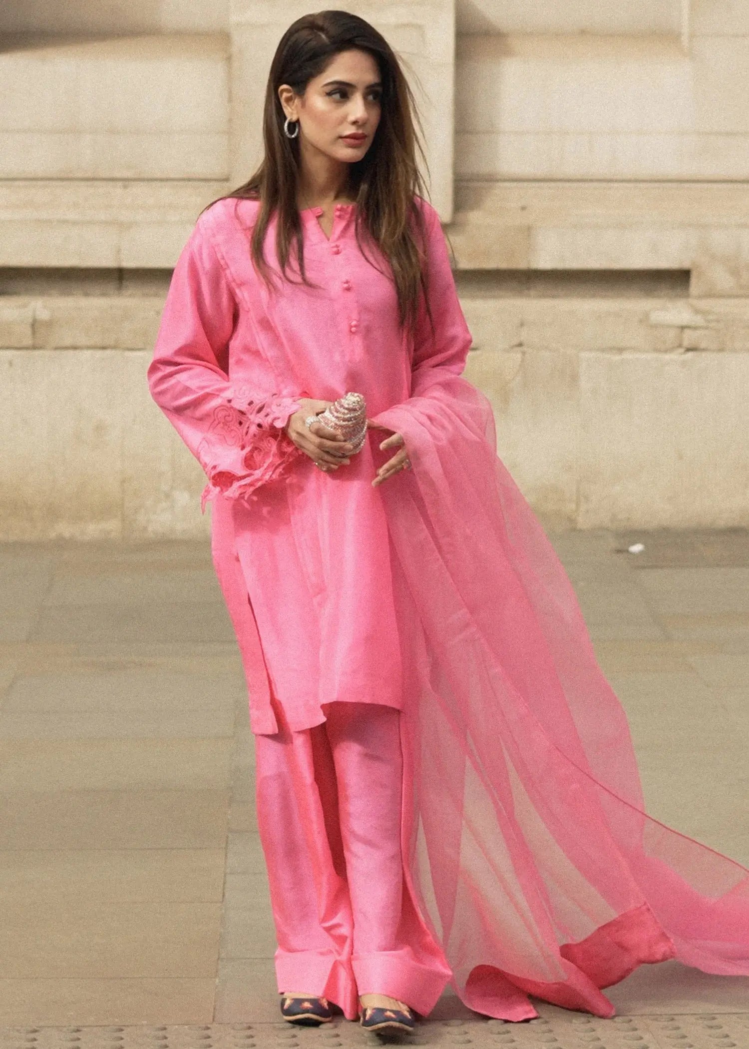 Pink Embroidered Raw Silk Kurta Shalwar (3-Piece) - Image 4