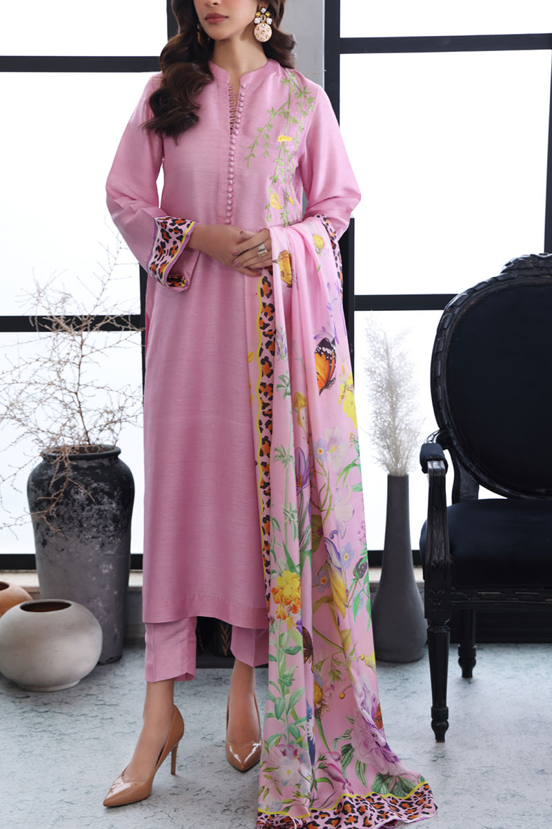 Pakistani Pink Embroidered Raw Silk Salwar Kameez (3-Piece) - Image 1