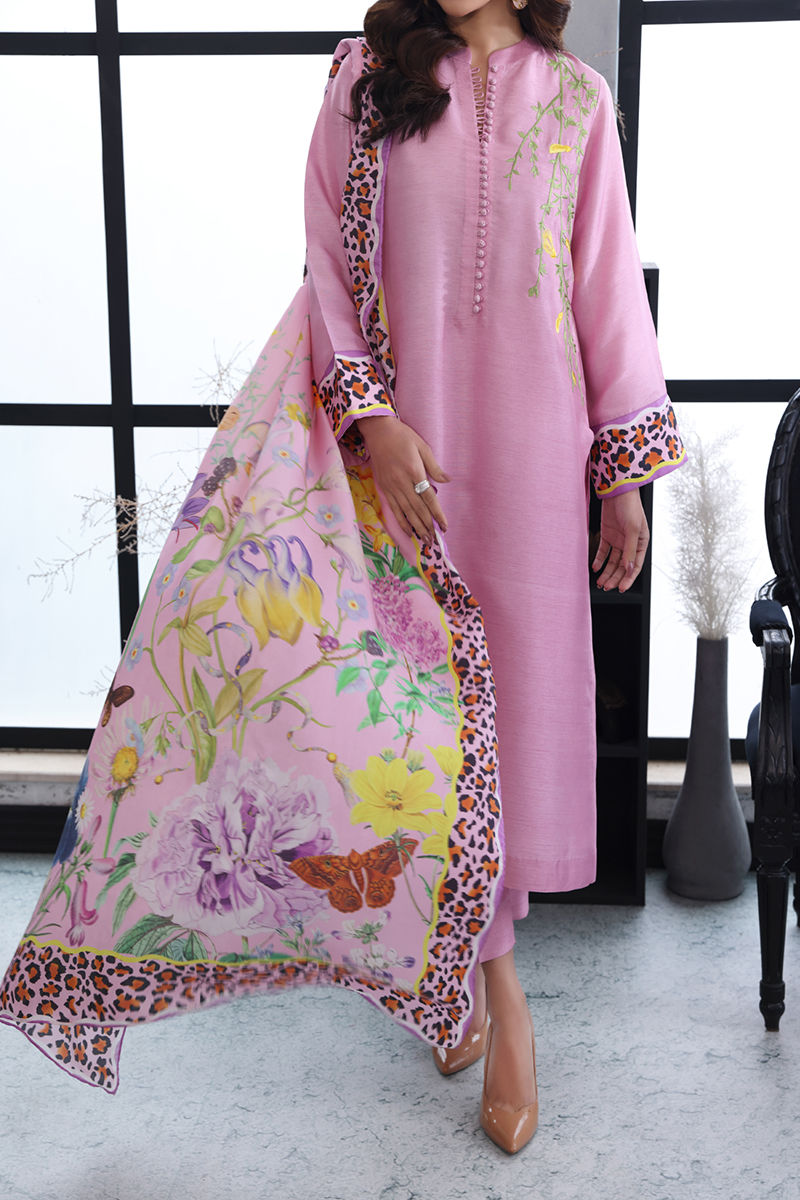 Pakistani Pink Embroidered Raw Silk Salwar Kameez (3-Piece) - Image 2