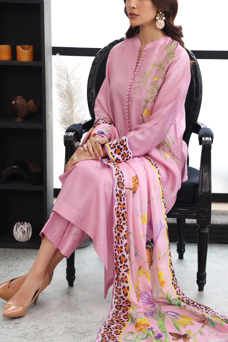 Pakistani Pink Embroidered Raw Silk Salwar Kameez (3-Piece) - Image 3