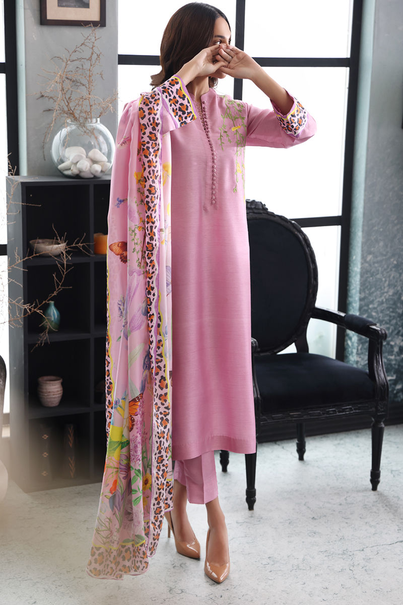 Pakistani Pink Embroidered Raw Silk Salwar Kameez (3-Piece) - Image 4