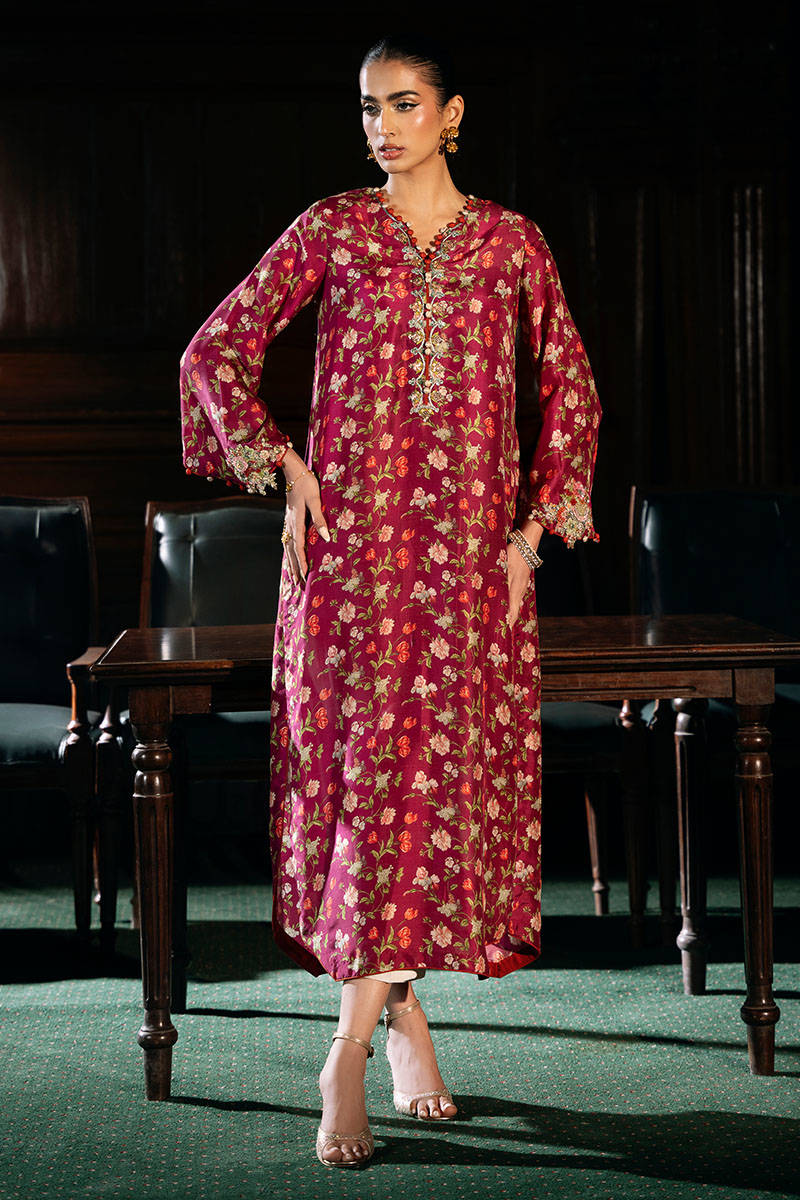 Pakistani Deep Pink Floral Embroidered Pure Raw Silk Salwar Kameez (2-Piece) - Image 1