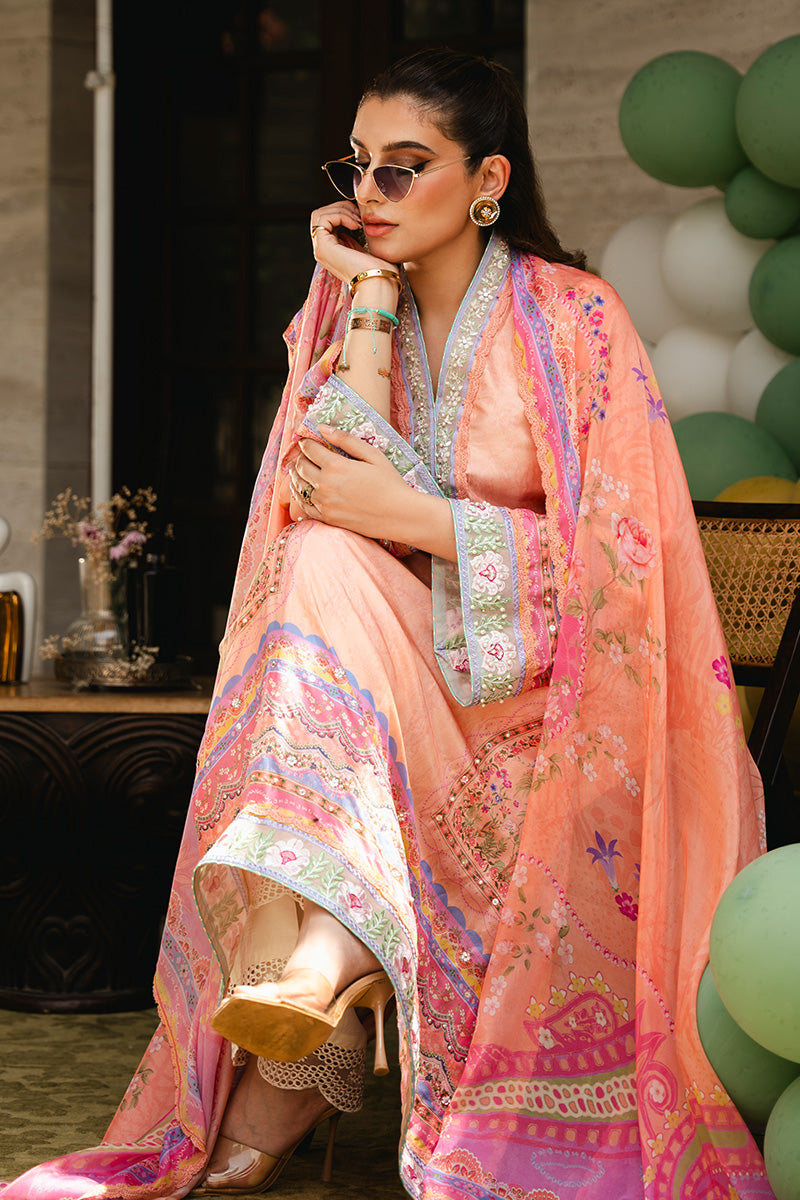 Peachy Pink Embroidered Pure Raw Silk Salwar Kameez (3-Piece) - Image 9