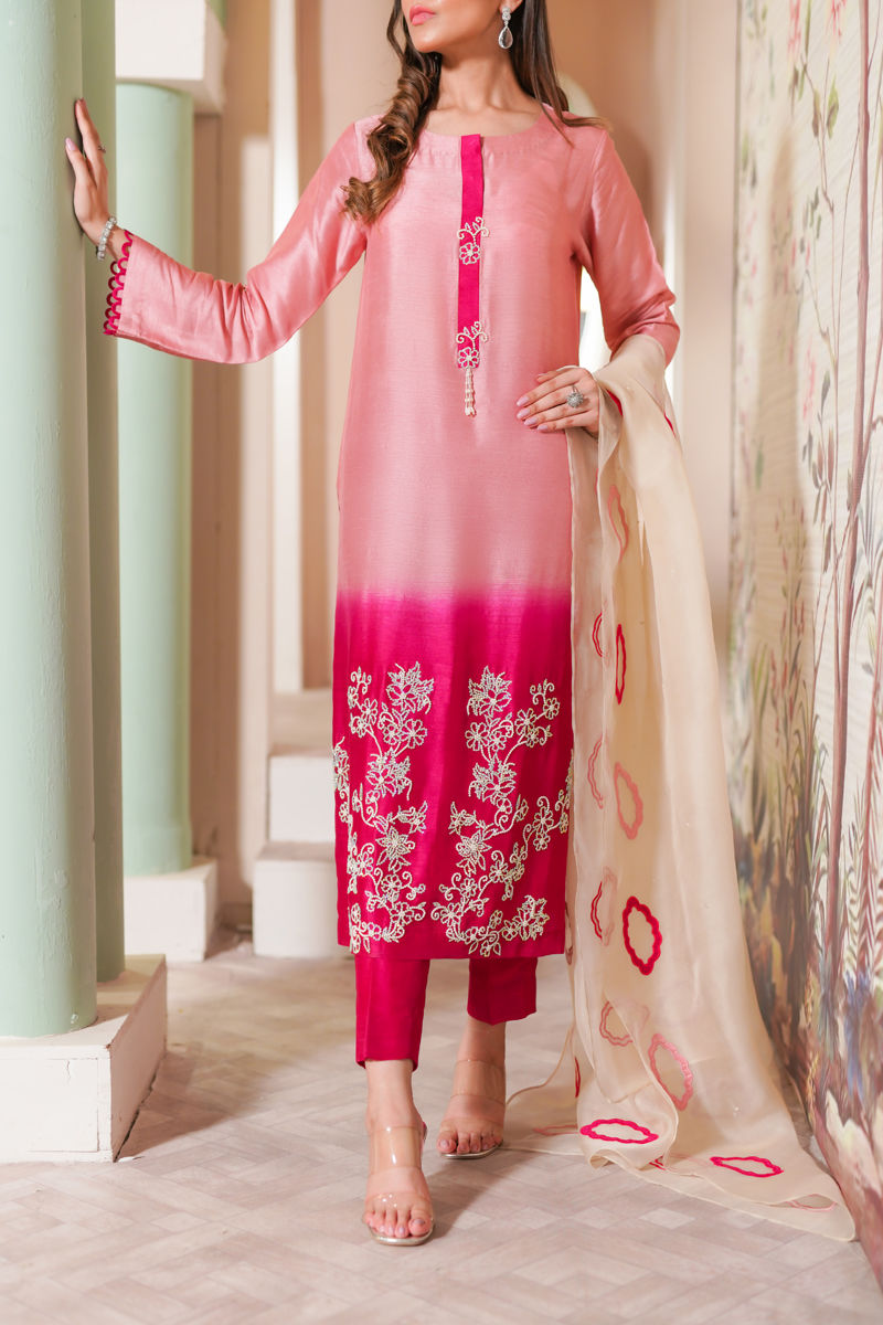 Pakistani Pink Swarovski Embroidered Raw Silk Salwar Kameez (3-Piece) - Image 1