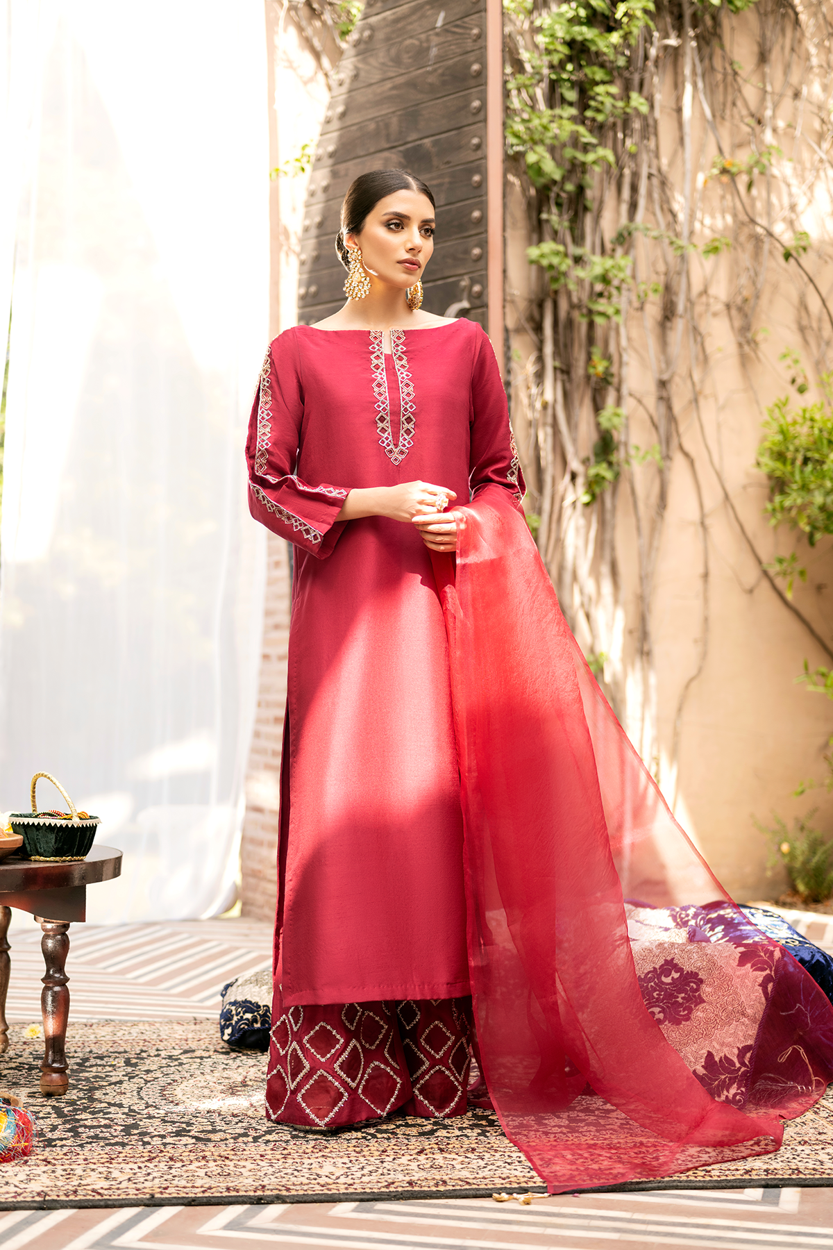Deep Pink Embellished Raw Silk Salwar Kameez (3-Piece) - Image 1