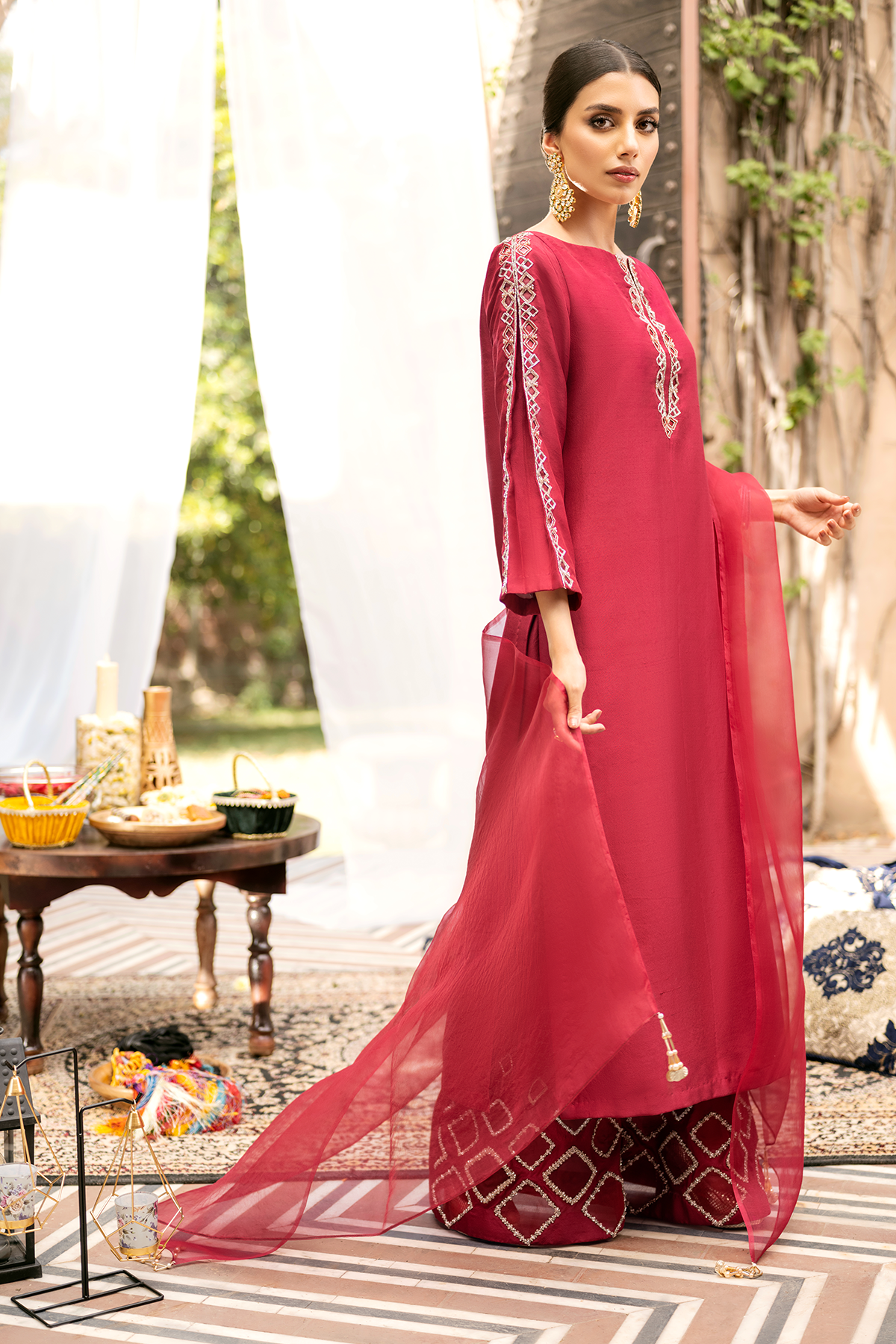 Deep Pink Embellished Raw Silk Salwar Kameez (3-Piece) - Image 2