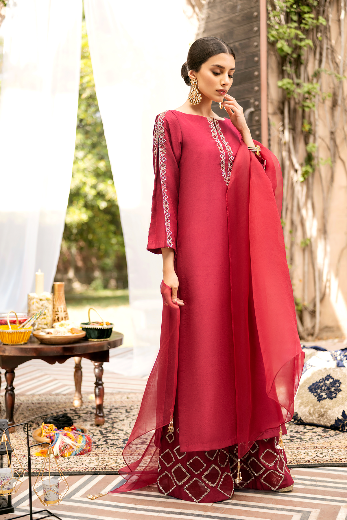 Deep Pink Embellished Raw Silk Salwar Kameez (3-Piece) - Image 3