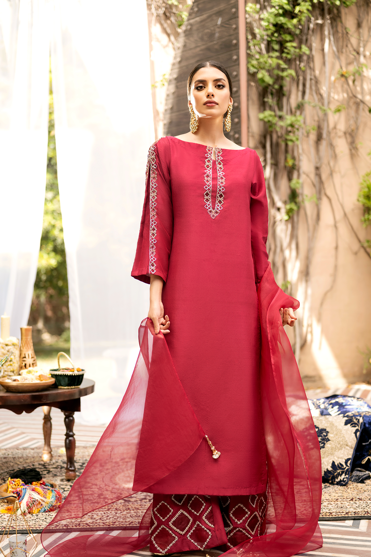 Deep Pink Embellished Raw Silk Salwar Kameez (3-Piece) - Image 4