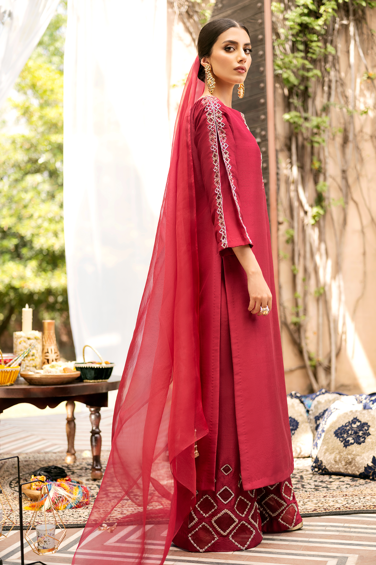 Deep Pink Embellished Raw Silk Salwar Kameez (3-Piece) - Image 5