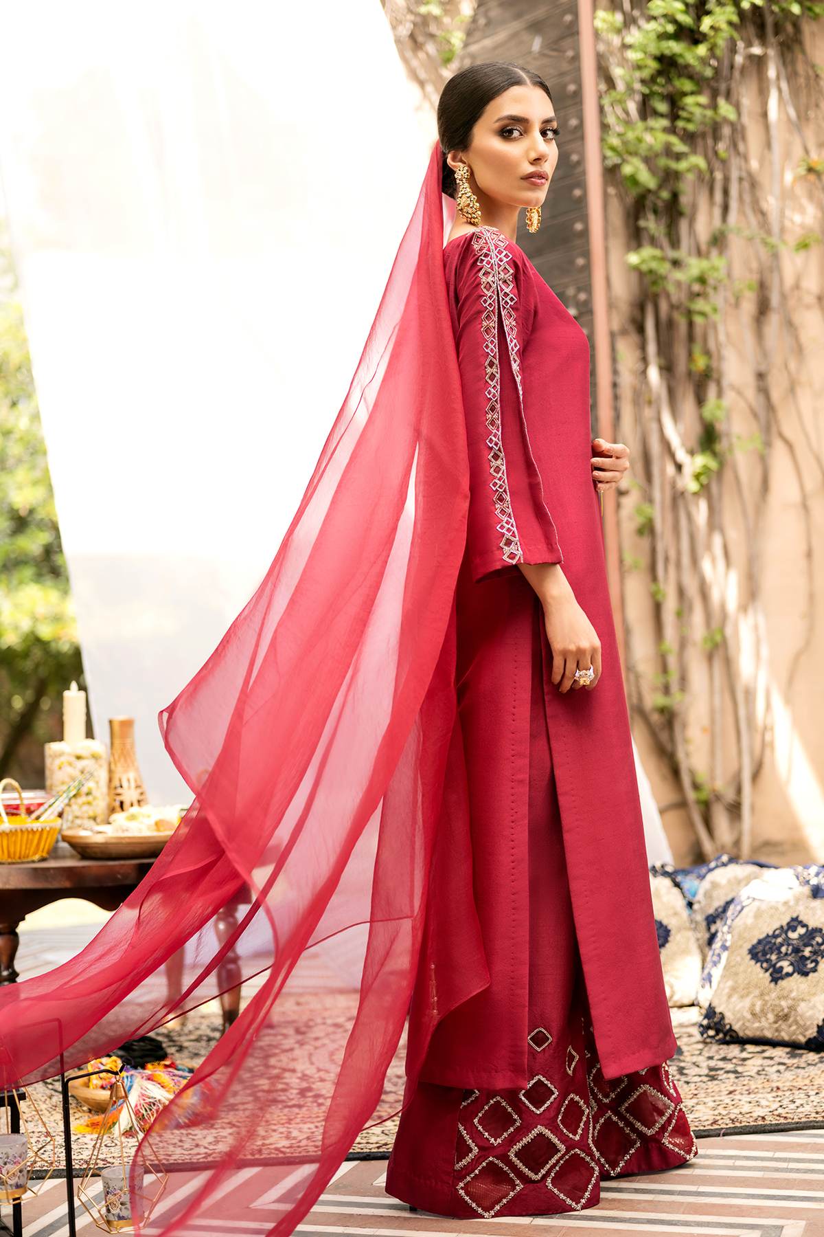 Deep Pink Embellished Raw Silk Salwar Kameez (3-Piece) - Image 6