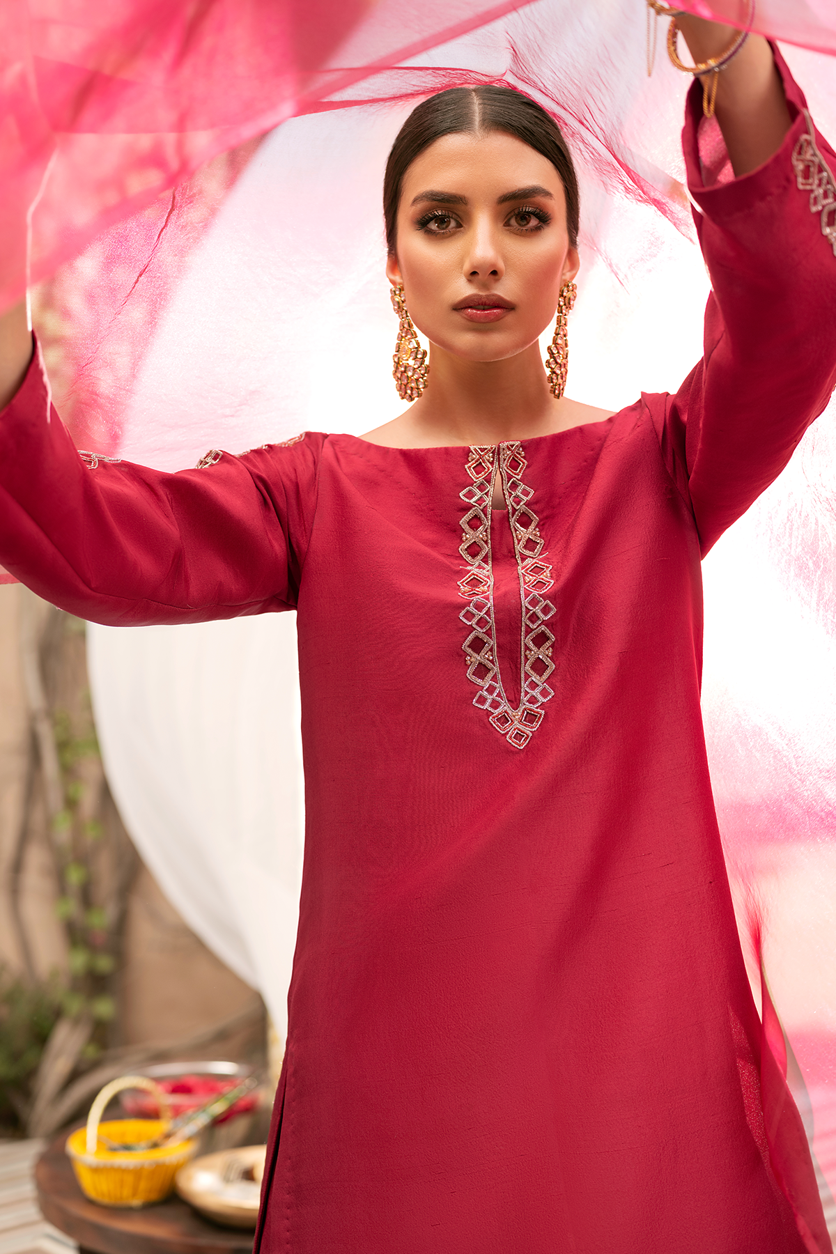 Deep Pink Embellished Raw Silk Salwar Kameez (3-Piece) - Image 7