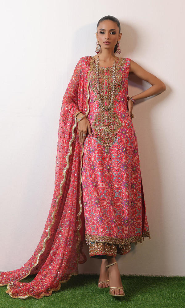 Pakistani Watermelon Pink Embroidered Raw Silk Chunri Salwar Kameez (3-Piece) - Image 2