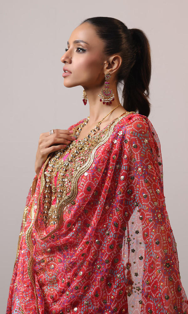 Pakistani Watermelon Pink Embroidered Raw Silk Chunri Salwar Kameez (3-Piece) - Image 3