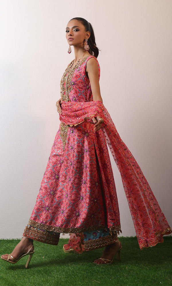 Pakistani Watermelon Pink Embroidered Raw Silk Chunri Salwar Kameez (3-Piece) - Image 4