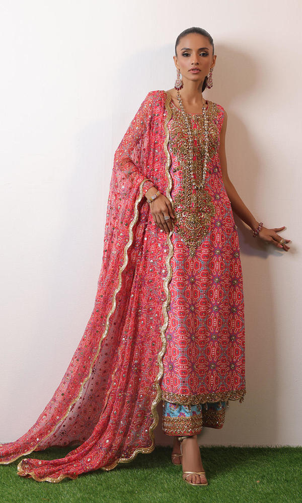 Pakistani Watermelon Pink Embroidered Raw Silk Chunri Salwar Kameez (3-Piece) - Image 5