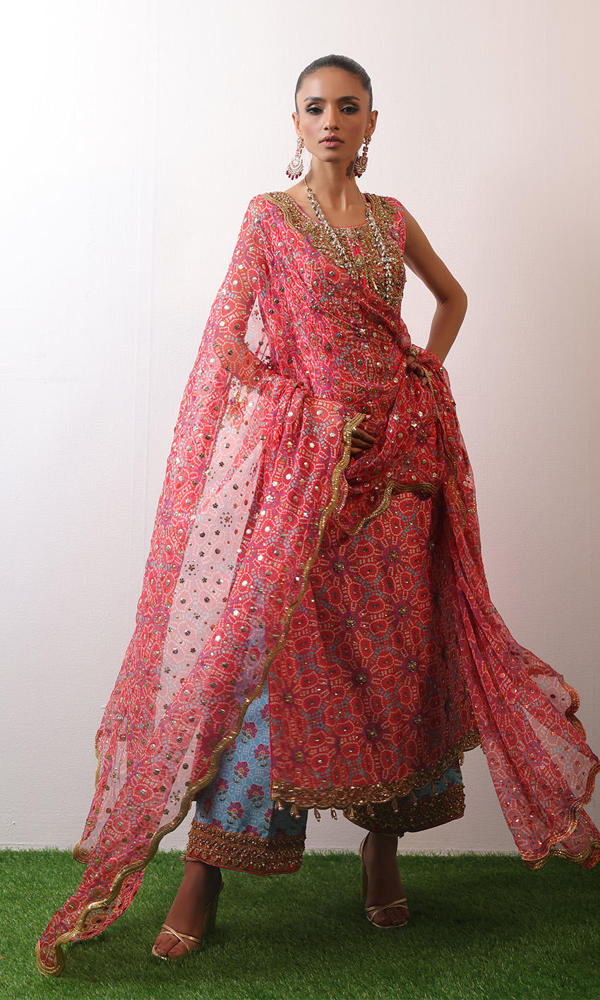 Pakistani Watermelon Pink Embroidered Raw Silk Chunri Salwar Kameez (3-Piece) - Image 6