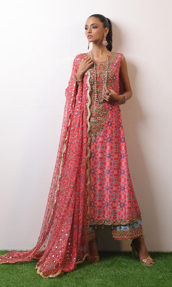 Pakistani Watermelon Pink Embroidered Raw Silk Chunri Salwar Kameez (3-Piece) - Image 7