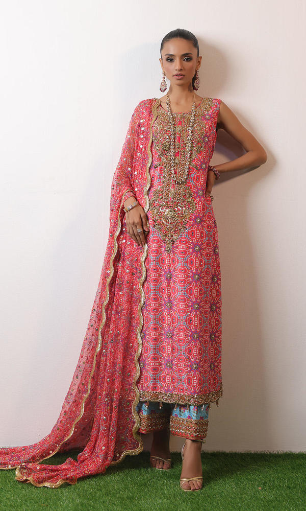 Pakistani Watermelon Pink Embroidered Raw Silk Chunri Salwar Kameez (3-Piece) - Image 8