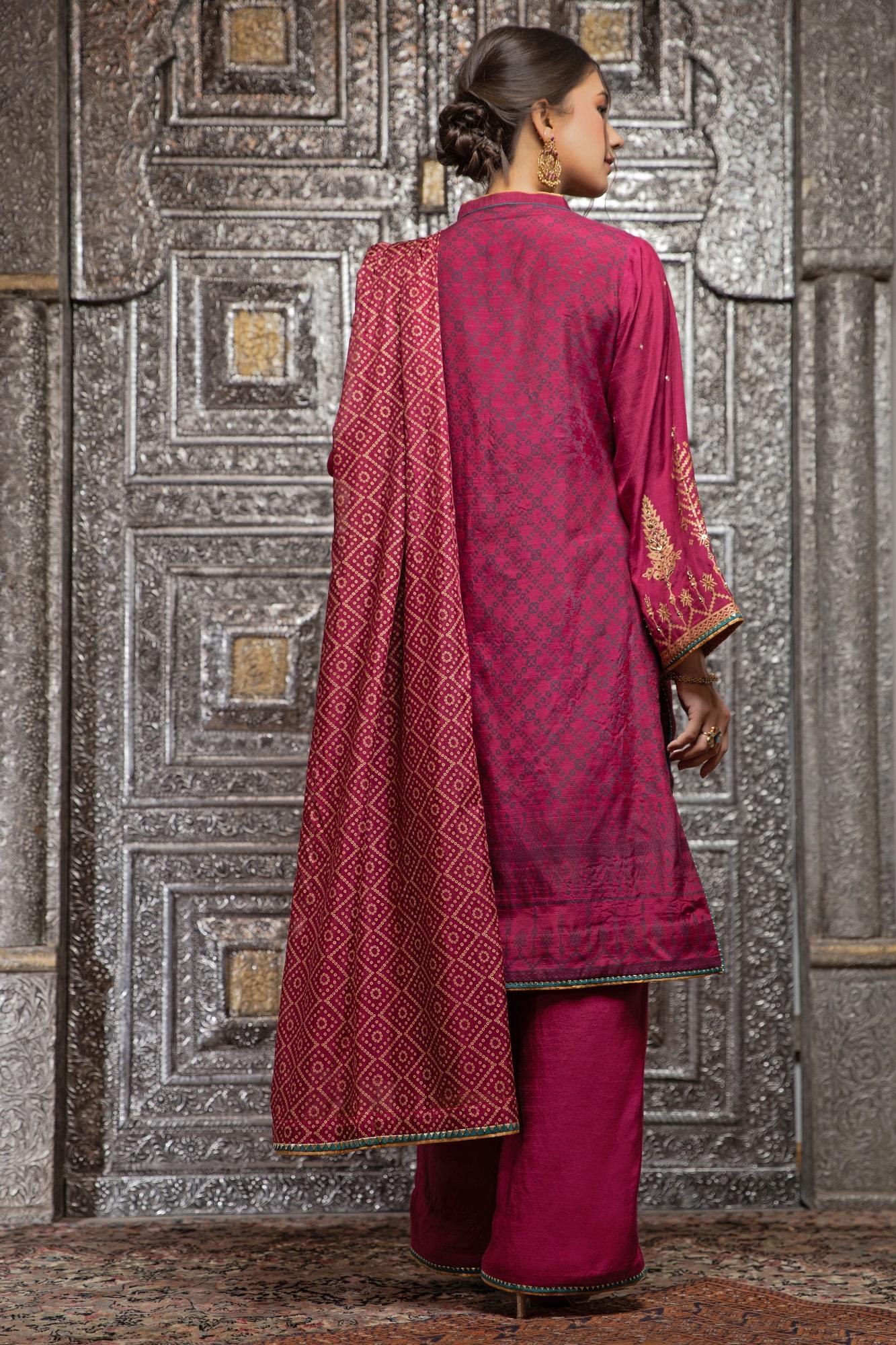 Berry Pink Embroidered Raw Silk Salwar Kameez (3-Piece) - Image 1