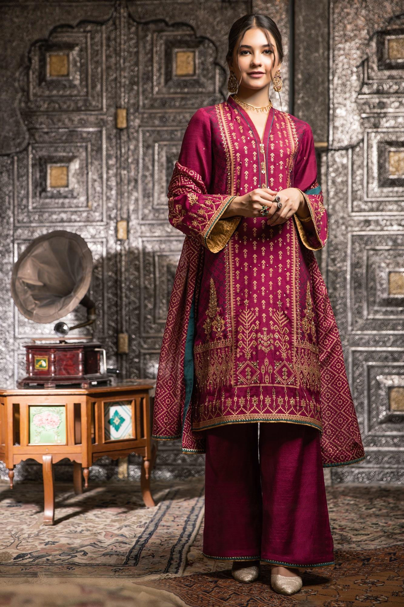 Berry Pink Embroidered Raw Silk Salwar Kameez (3-Piece) - Image 3