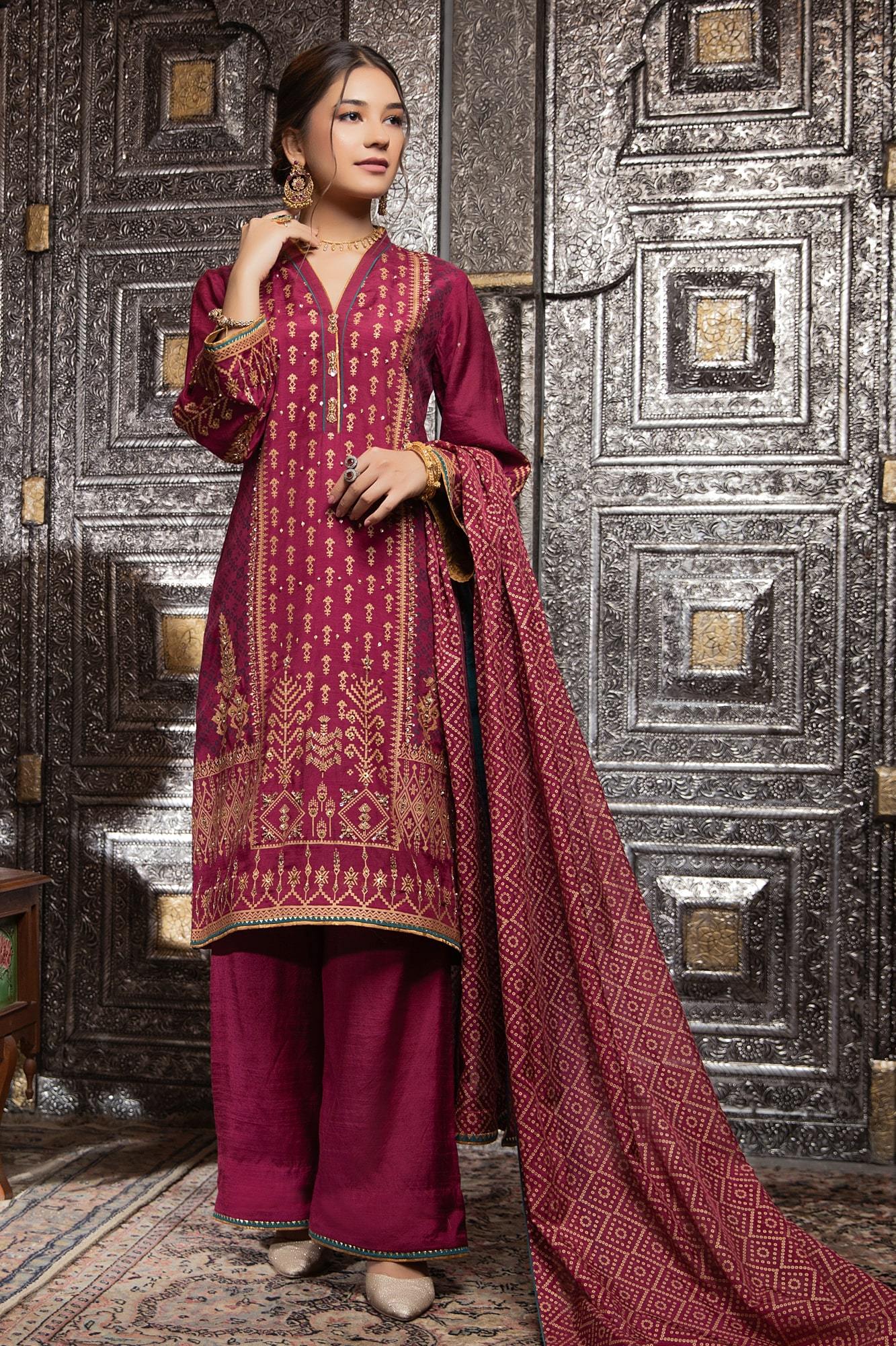 Berry Pink Embroidered Raw Silk Salwar Kameez (3-Piece) - Image 4
