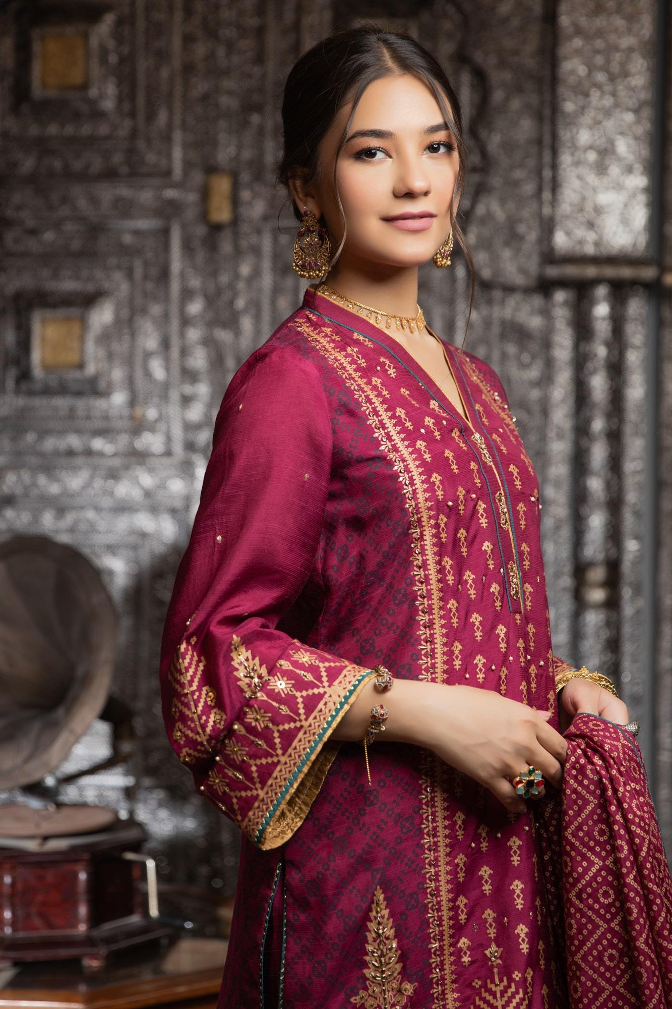 Berry Pink Embroidered Raw Silk Salwar Kameez (3-Piece) - Image 5