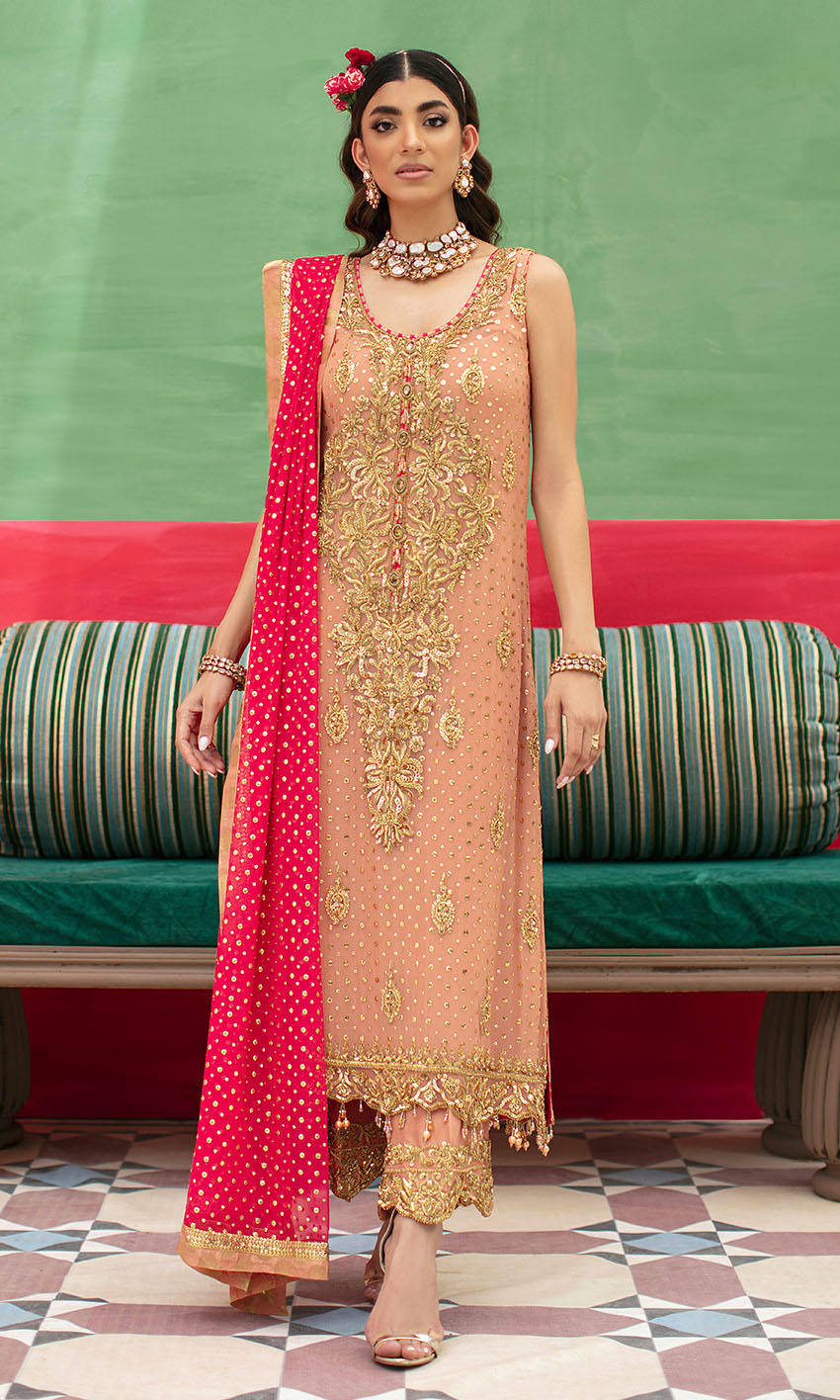 Pakistani Peach Gold-Embroidered Raw Silk Salwar Kameez (3-Piece) - Image 1
