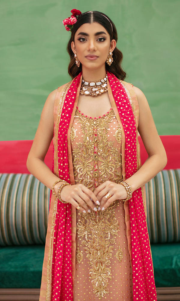Pakistani Peach Gold-Embroidered Raw Silk Salwar Kameez (3-Piece) - Image 3