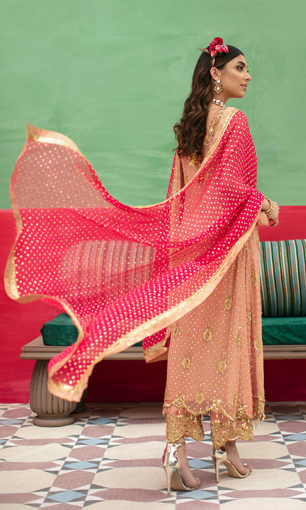 Pakistani Peach Gold-Embroidered Raw Silk Salwar Kameez (3-Piece) - Image 4